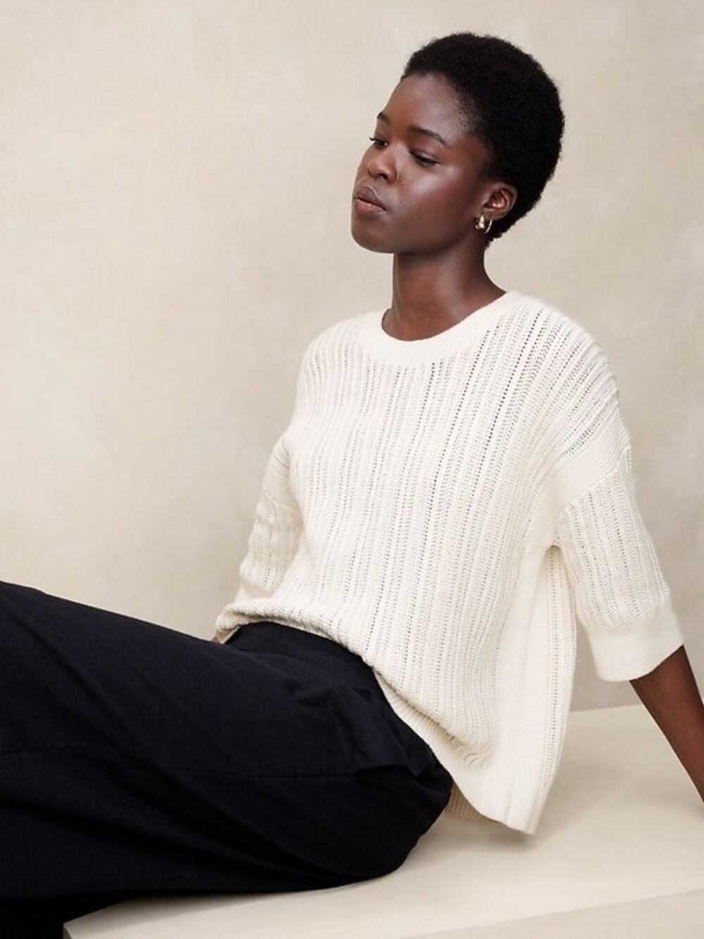 Banana Republic Factory Cream Knit Short-Sleeve Sweater